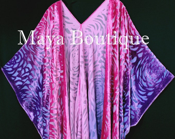 Pink Purple Camellia Burnout Velvet Caftan Kimono Duster Hand Dyed Maya Matazaro USA Made