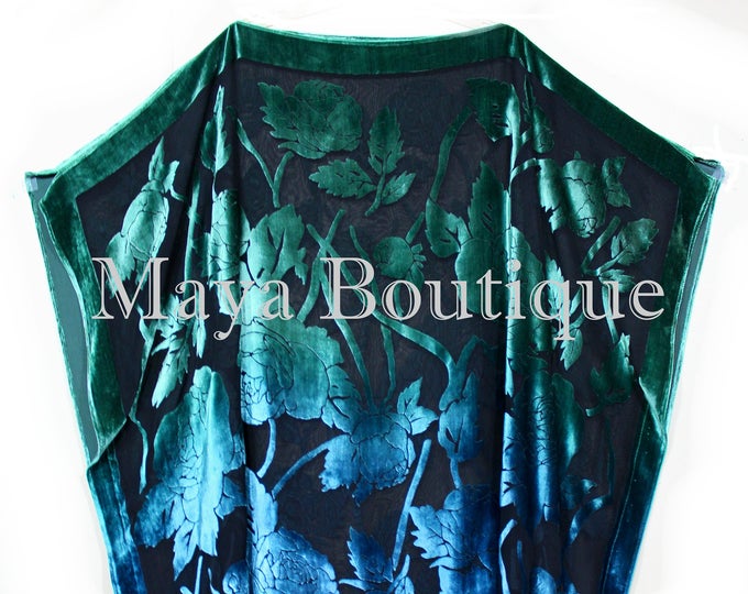 Caftan Dress Kimono Silk Burnout Velvet MAYA Dyed Stained Glass Blue & Green
