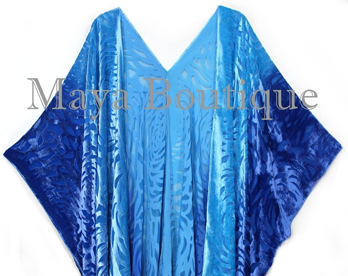 Blue Turquoise Camellia Burnout Velvet Caftan Kimono Hand Dyed Maya Matazaro USA Made