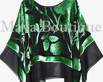Emerald Green Black Tiered Poncho Top Silk Burnout Velvet & Chiffon Maya Matazaro