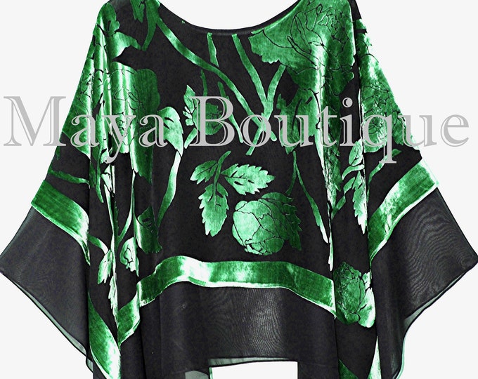 Emerald Green Black Tiered Poncho Top Silk Burnout Velvet & Chiffon Maya Matazaro