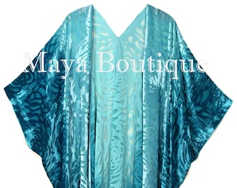 Teal Ombre Camellia Burnout Velvet Caftan Kimono Hand Dye Maya Matazaro