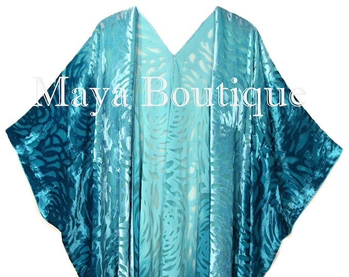 Teal Ombre Camellia Burnout Velvet Caftan Kimono Hand Dye Maya Matazaro