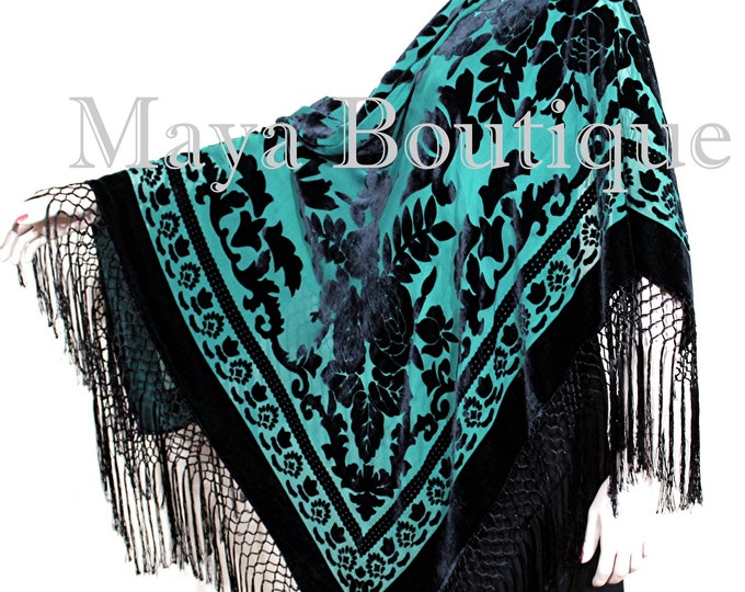 Teal & Black Piano Shawl Scarf Fringe Wrap Silk Burnout Velvet Maya Matazaro
