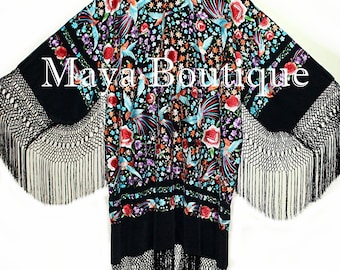 Embroidered Silk Opera Coat Kimono Jacket Floral & Phoenix Birds Maya Matazaro Plus size