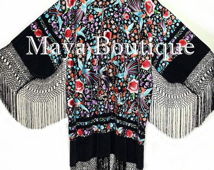 Embroidered Silk Opera Coat Kimono Jacket Floral & Phoenix Birds Maya Matazaro Plus size