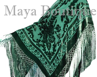 Emerald Green Piano Shawl Wrap Fringed Scarf Silk Burnout Velvet Maya Matazaro