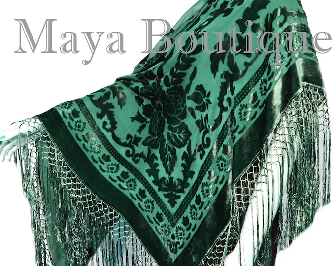 Emerald Green Piano Shawl Wrap Fringed Scarf Silk Burnout Velvet Maya Matazaro