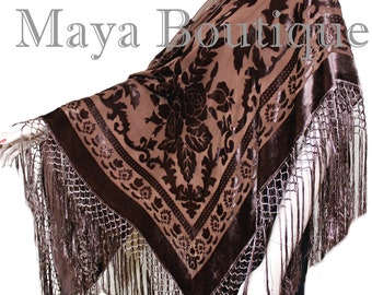 Chocolate Brown Piano Shawl Wrap Fringed Scarf Silk Burnout Velvet Maya Matazaro