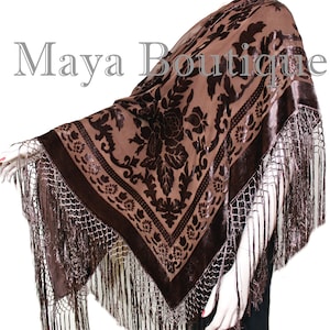 Chocolate Brown Piano Shawl Wrap Fringed Scarf Silk Burnout Velvet Maya Matazaro