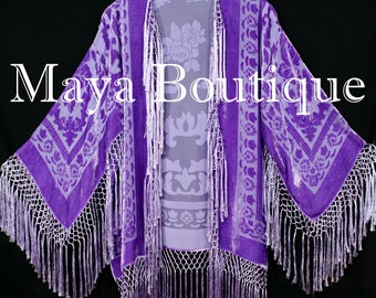 Maya Matazaro Lavender Silk Burnout Velvet Fringe Jacket Short Kimono Hand Dyed