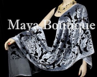Maya Matazaro Baroque Shawl Wrap Scarf Burnout Velvet Silver Black