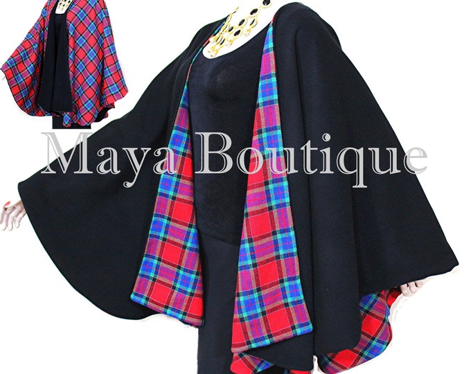 Reversible Cape Ruana Wrap Coat Black & Plaid Cashmere Wool USA Made Maya Matazaro