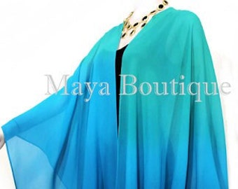 Hand Dyed Maya Matazaro Silk Chiffon Cape Ruana Caftan Wrap Aqua Blue Ombre