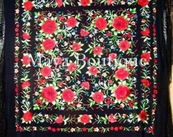 Red Roses Hand Embroidered Flamenco Silk Piano Shawl Huge 90" Maya