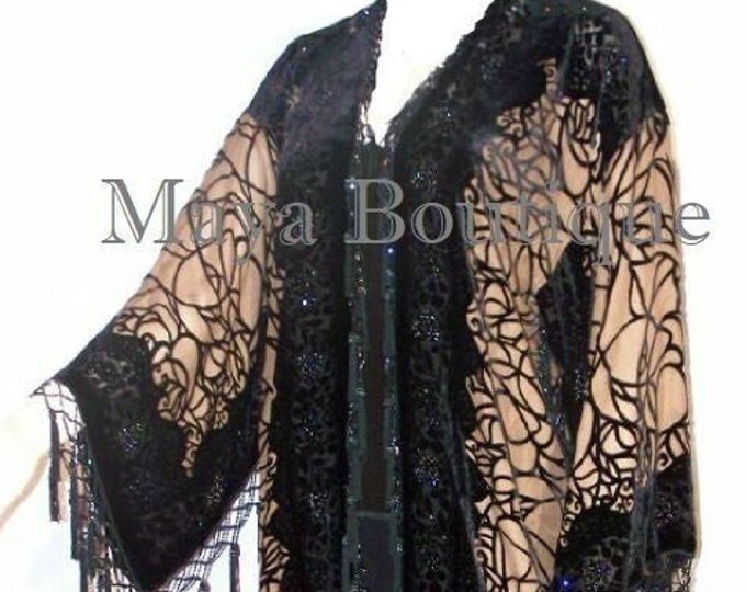 Fringe Jacket Kimono Silk Burnout Velvet Beaded Spider Black Beige Maya Matazaro