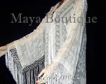 Ivory Silk Burnout Velvet Fringes Jacket Kimono Long Coat Maya Matazaro