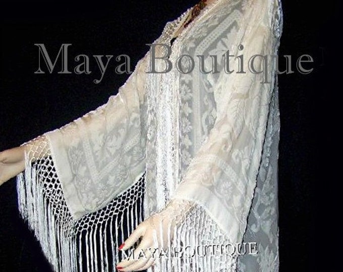 Ivory Silk Burnout Velvet Fringes Jacket Kimono Long Coat Maya Matazaro