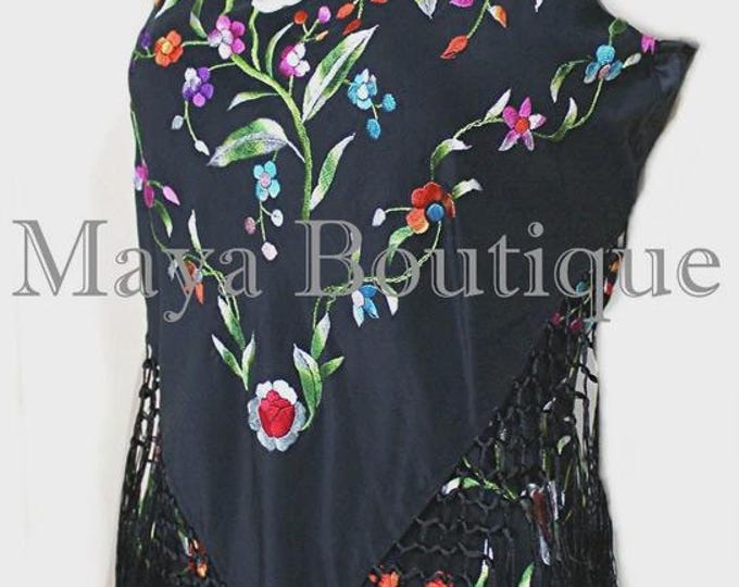 Dress Gown Silk Embroidered Flapper Style Black Multi Maya Matazaro Sz L