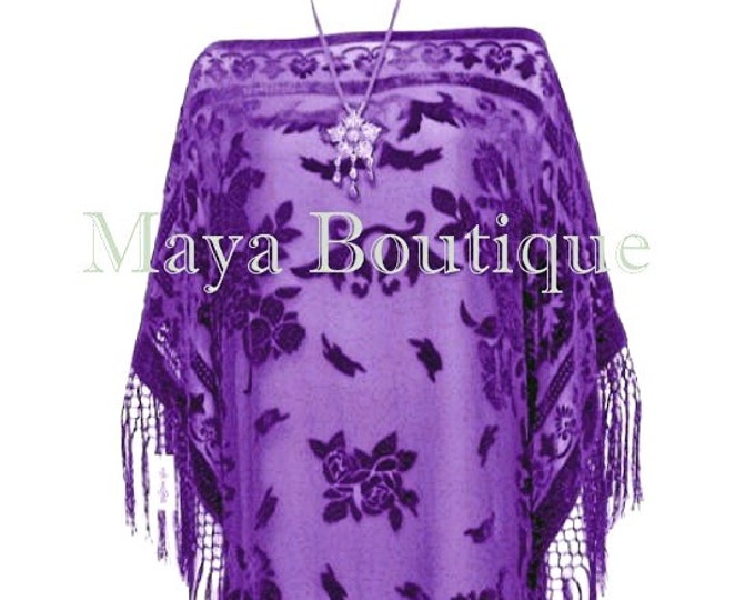 Purple Silk Burnout Velvet Caftan Dress Duster Fringe Kimono Maya Matazaro