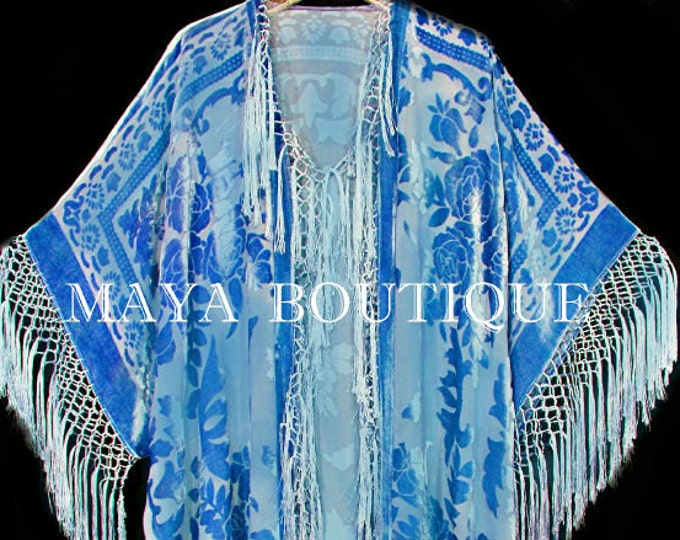 Sky Blue Silk Burnout Velvet Fringe Jacket Kimono Duster Maya Matazaro Plus