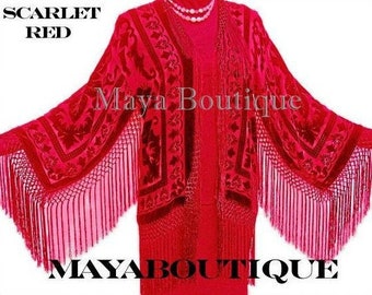 Fringe Jacket Kimono Scarlet Red Silk Burnout Velvet Short Maya Matazaro US Made