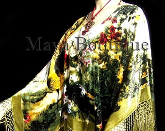 Wearable Art Poncho Shawl Top Burnout Velvet Peacock Ivory Multi Maya Matazaro