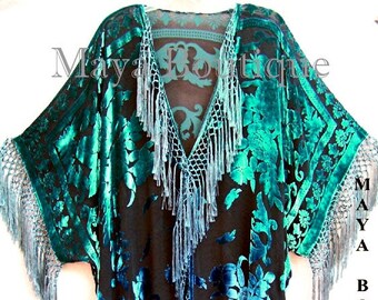 Wearable Art Kimono Caftan Fringe Jacket Silk Burnout Velvet Hand Dyed Teal Blue