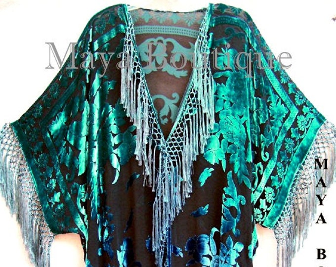 Wearable Art Kimono Caftan Fringe Jacket Silk Burnout Velvet Hand Dyed Teal Blue