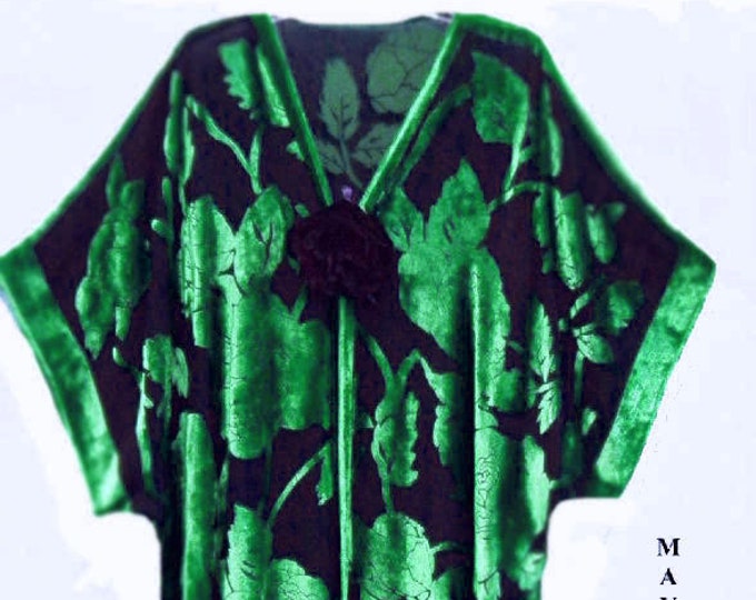 Silk Burnout Velvet Jacket Kimono Duster Green & Black No Fringe Maya Matazaro