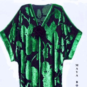 Seide Ausbrenner Samt Jacke Kimono Duster Grün & Schwarz Kein Fransen Maya Matazaro