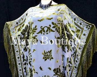 Kaftan Dress Fringe Kimono Olive & Gray Silk Burnout Velvet Maya Mataza