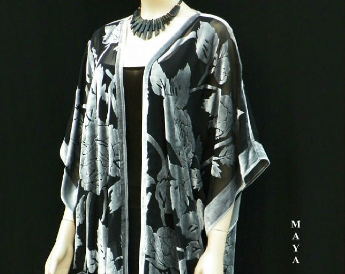 Silk Burnout Velvet Jacket Kimono Duster Silver Black No Fringe Maya Matazaro