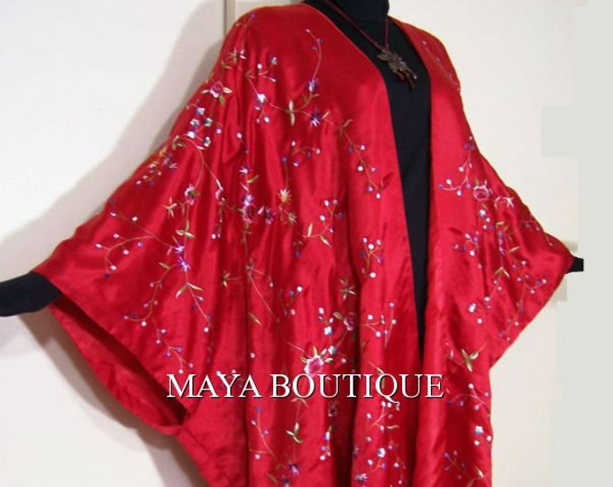 Red Embroidered Silk Kimono Caftan Duster Opera Coat XL UP TO 5x
