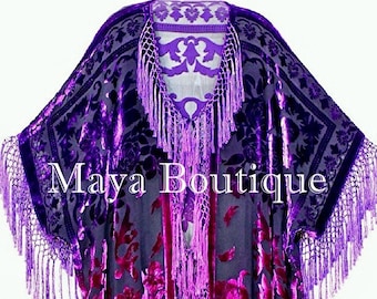 Violet Fuchsia Kimono Caftan Fringe Jacket Silk Burnout Velvet Hand Dyed Maya Matazaro