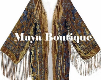 Antique Gold & Black Burnout Velvet Fringes Jacket Kimono Coat Maya Matazaro Long