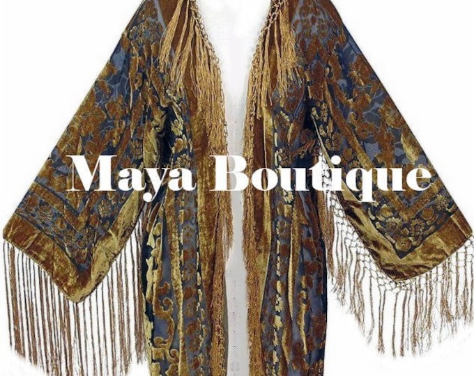 Antique Gold & Black Burnout Velvet Fringes Jacket Kimono Coat Maya Matazaro Long