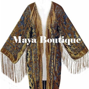 Antique Gold & Black Burnout Velvet Fringes Jacket Kimono Coat Maya Matazaro Long