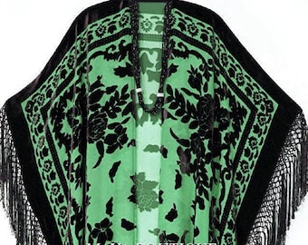 Caftan Duster Fringe Jacket Kimono Black Green Silk Burnout Velvet Maya Matazaro