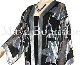 Silver Black Long Kimono Jacket Silk Burnout Velvet No Fringe Maya Matazaro
