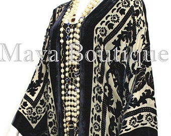 Kimono Jacket Silk Burnout Velvet Long Beige & Black No Fringe Maya Matazaro