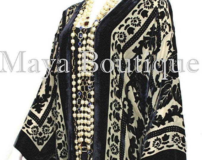 Kimono Jacket Silk Burnout Velvet Long Beige & Black No Fringe Maya Matazaro