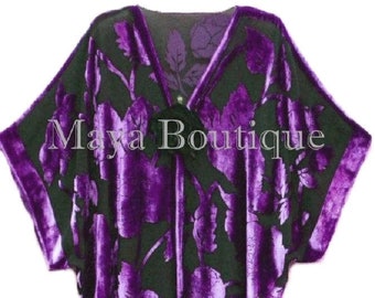 Silk Burnout Velvet Jacket Kimono Duster Purple & Black No Fringe Maya Matazaro