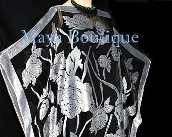 Caftan Dress Kimono Silk Burnout Velvet Silver Black Maya Matazaro