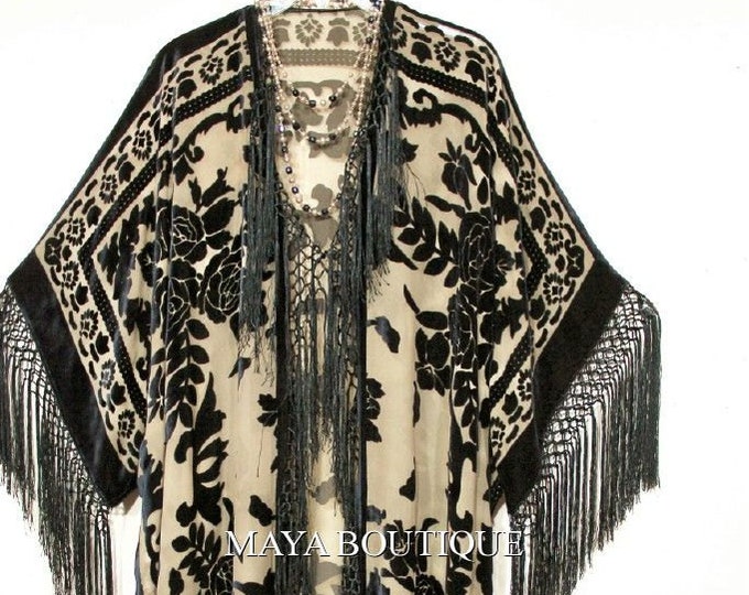 Fringe Jacket Kimono Duster Silk Burnout Velvet Taupe Black Maya Matazaro Plus