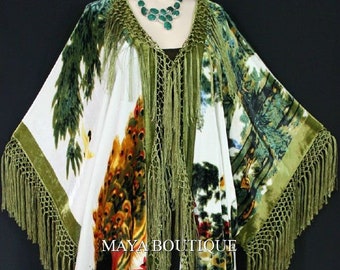 Peacock Ivory Multi Fringe Jacket Kimono Duster Silk Solid Velvet Maya Matazaro PLUS