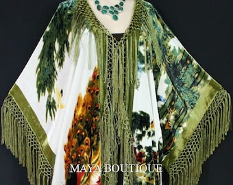 Peacock Ivory Multi Fringe Jacket Kimono Duster Silk Solid Velvet Maya Matazaro PLUS