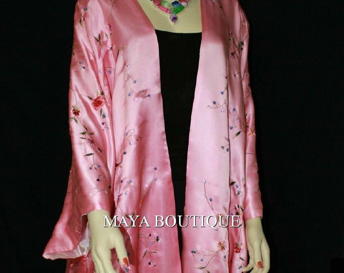 Rose Pink Embroidered Silk Kimono Caftan Duster Opera Coat Maya Matazaro Plus