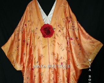 Orange Embroidered Silk Kimono Caftan Duster Opera Coat Maya Matazaro Plus
