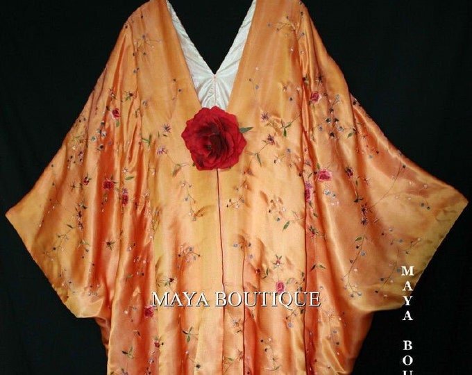 Orange Embroidered Silk Kimono Caftan Duster Opera Coat Maya Matazaro Plus
